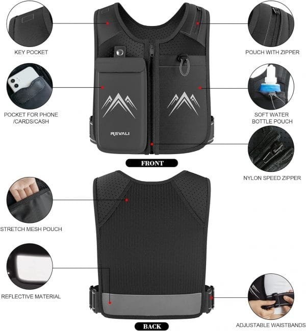 REVALI Running Vest, USA Original Patent, Zip Reflective Running Vests with 500ml Hydration Bottle, Adjustable Waistband & Breathable Material, Chest Pack Gear Phone Holder for Running, Men & Women - Image 6