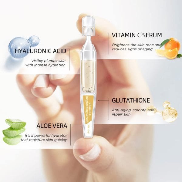 BACHERI Vitamin C Serum for Face with Hyaluronic Acid, Glutathione, Aloe Vera, Hydrating & Brightening Serum, Dark Spot Remover, Anti Aging Facial Serum, 30 Ampoules - Image 4