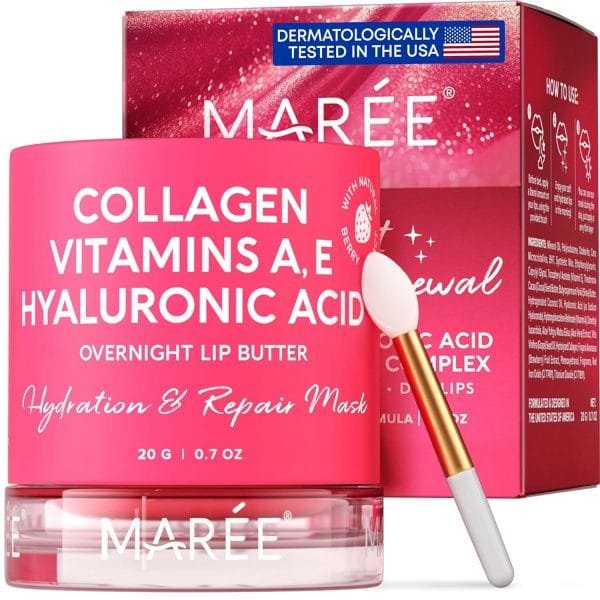 MAREE Lip Mask with Hyaluronic Acid & Coconut Oil - Overnight Collagen Lip Butter to Nourish & Hydrate Dry Cracked Lips - Moisturizer for Skin Care with Shea & Cocoa Butter - Sleeping Lip Butter Balm