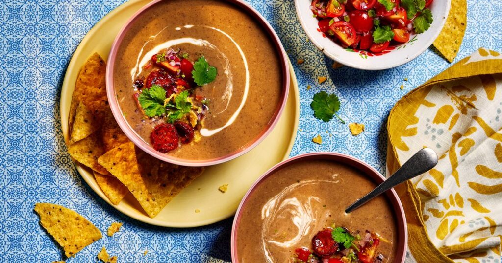 Black bean & anise soup with cherry tomato salsa & chorizo crisp