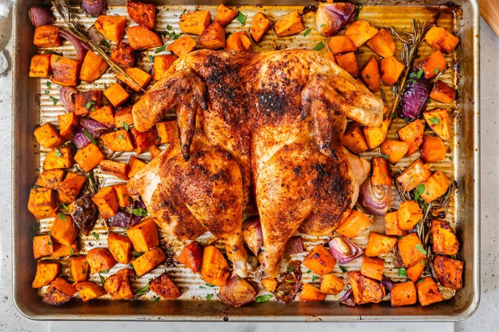 Spatchcock Chicken with Sweet Potatoes (Sheet Pan Dinner)