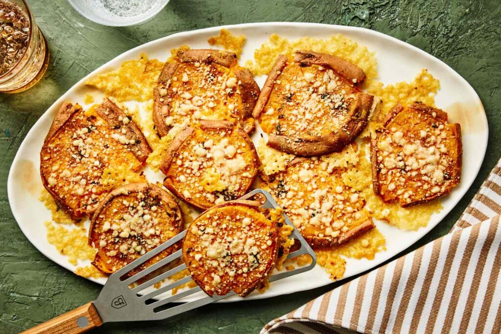 Crispy Smashed Sweet Potatoes with Parm