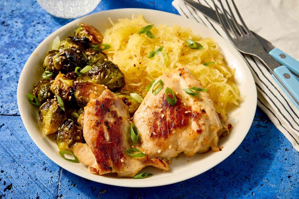 Maple-Miso Chicken Thighs, Brussels Sprouts & Spaghetti Squash