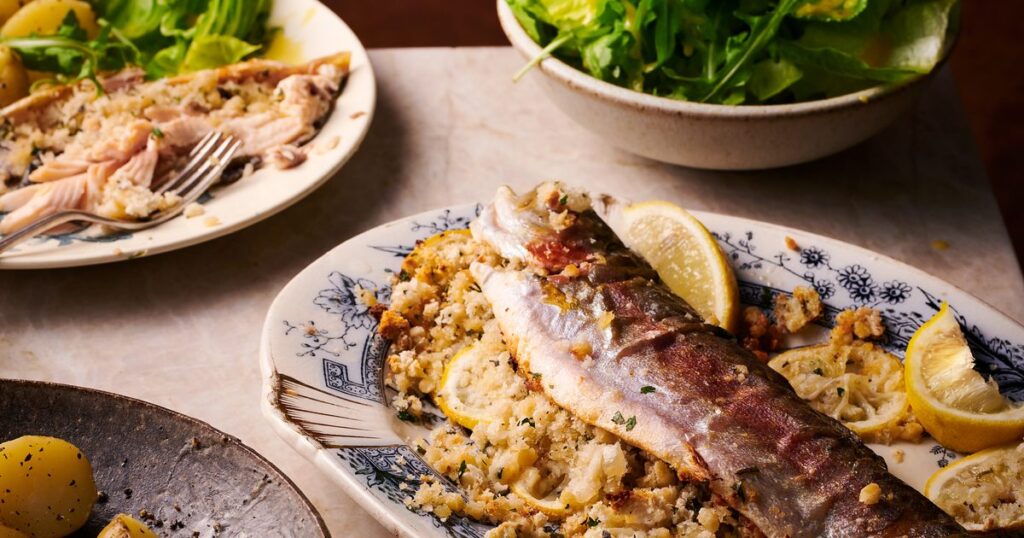 Whole trout with almond & herb stuffing