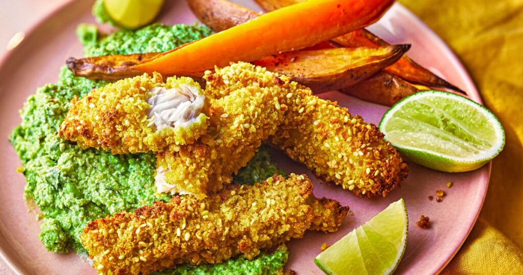 Coconut & lime fish fingers with sweet potato wedges & crushed coconut peas