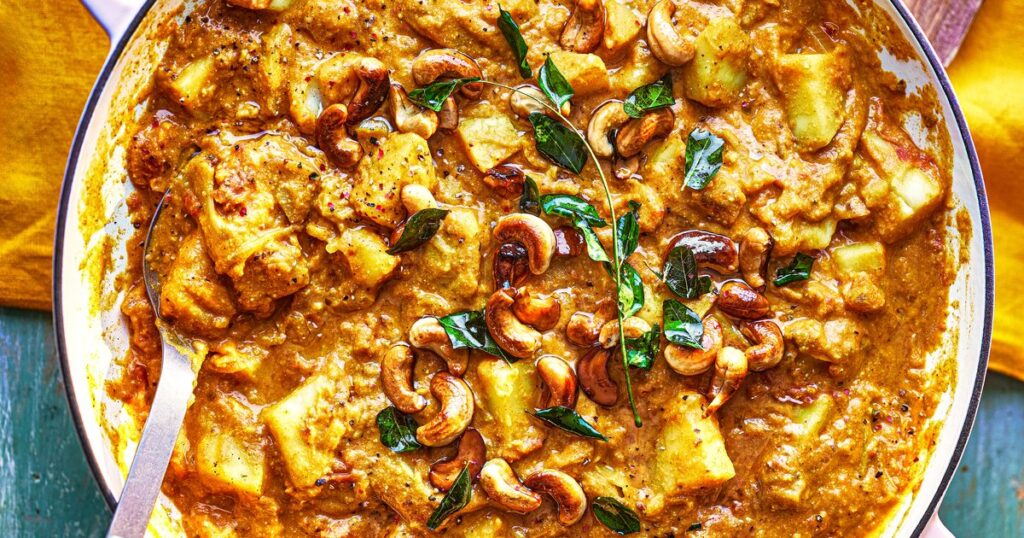 Creamy cashew, tomato & potato curry with easy homemade naans recipe