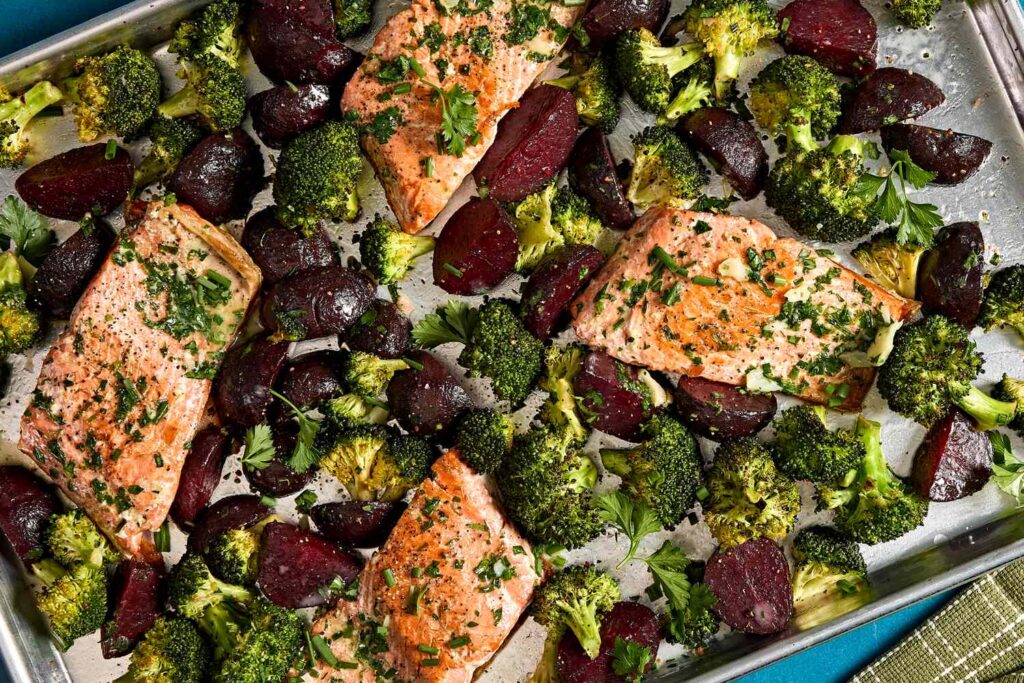 Garlic Butter-Roasted Salmon with Beets & Broccoli Garlic Butter-Roasted Salmon with Beets & Broccoli