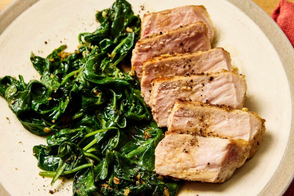 Garlic-Butter Pork Chops with Spinach