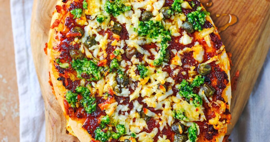 Halloumi, sundried tomato & caper pizzettes with rocket pesto