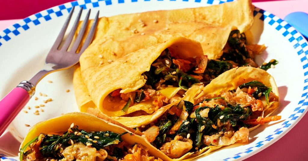 Kimchi & sesame spinach with mature cheddar (crepe topping) recipe
