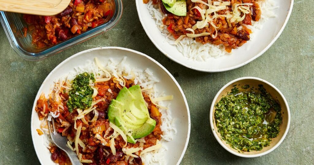 Bean & beef chilli with jalapeño, coriander & pumpkin seed relish Bean & beef chilli with jalapeño, coriander & pumpkin seed relish