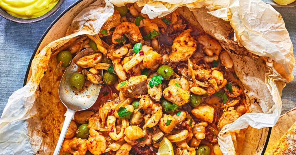 Nduja, fennel & seafood en papillote with cheat’s aioli recipe