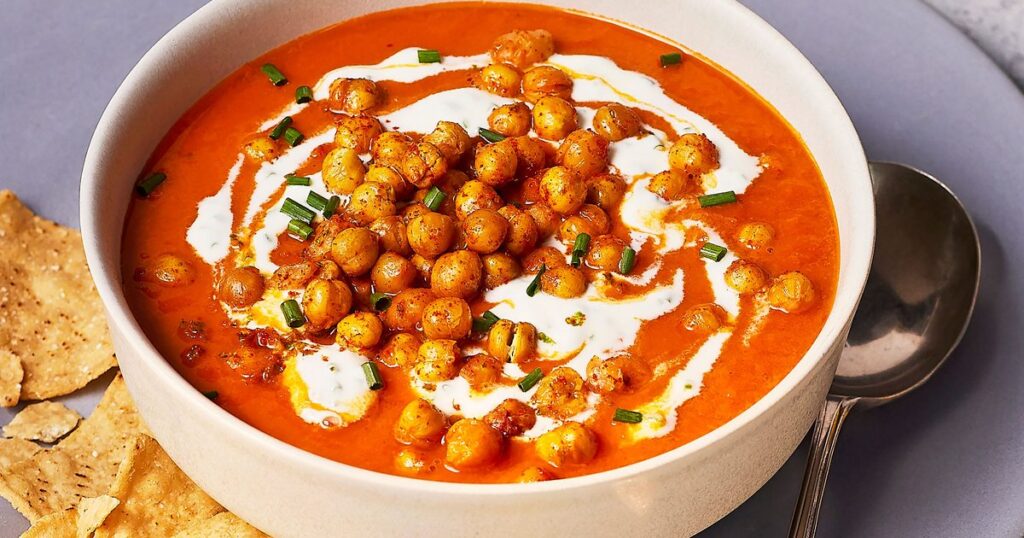 Chipotle soup with chive crème fraîche & crispy lime chickpeas recipe