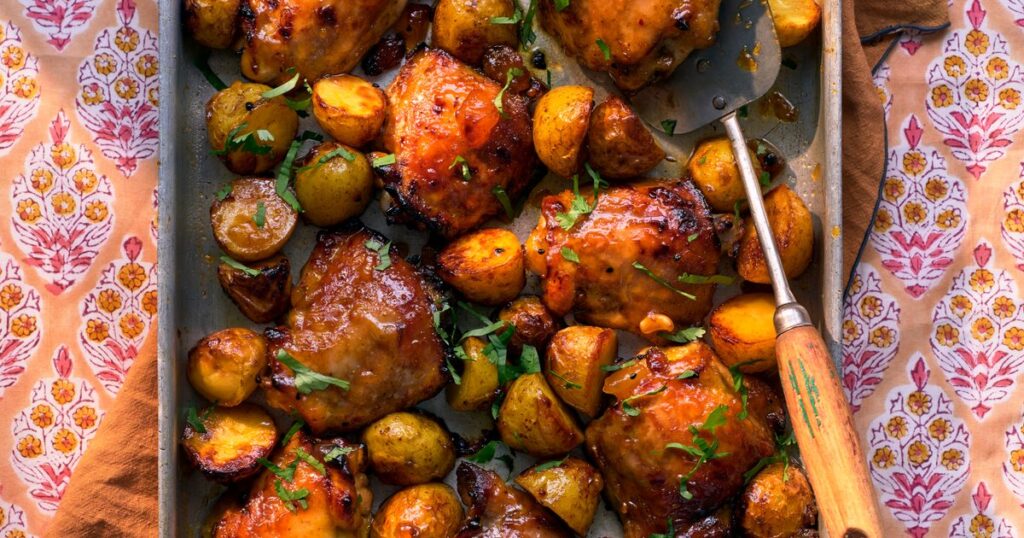 Mango chutney chicken potato traybake