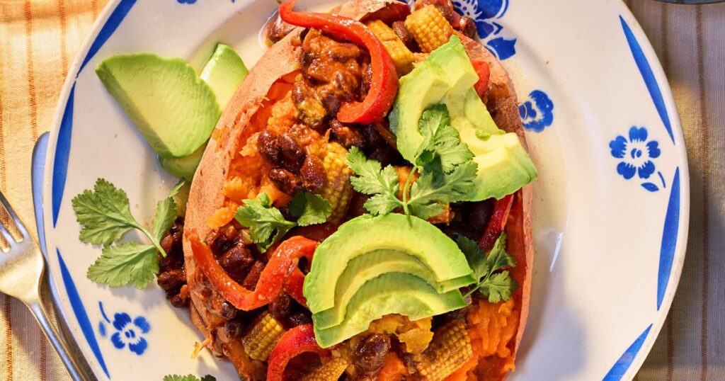 Sweet potato jackets with smoky black bean & peanut butter chilli recipe